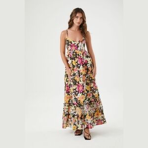 Forever 21 Poplin Floral Maxi Dress Sleeveless V Neck Boho